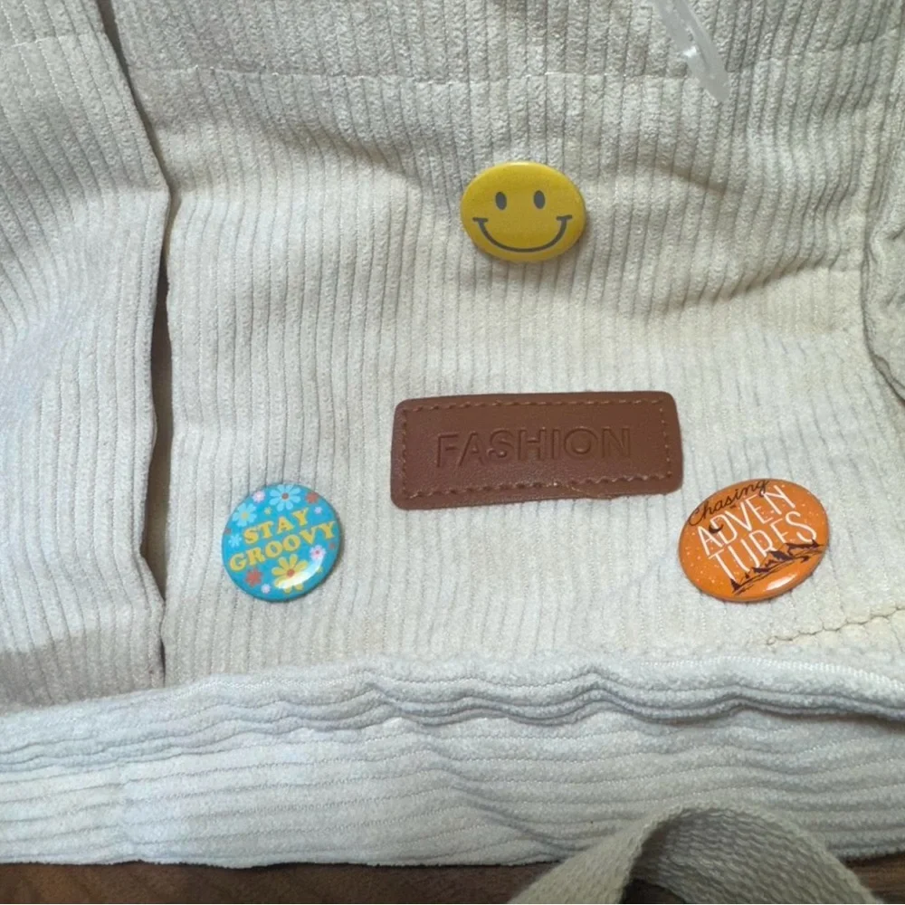 Cream/ Light Tan Corduroy Tote Bag with buttons (Bonus bag free) - Picture 3 of 12